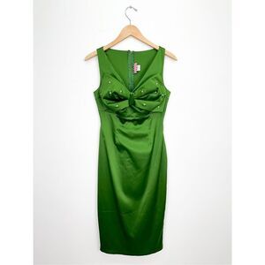 Pinup Couture Women’s Green Satin Rhinestone Bow Fitted Mini Dress